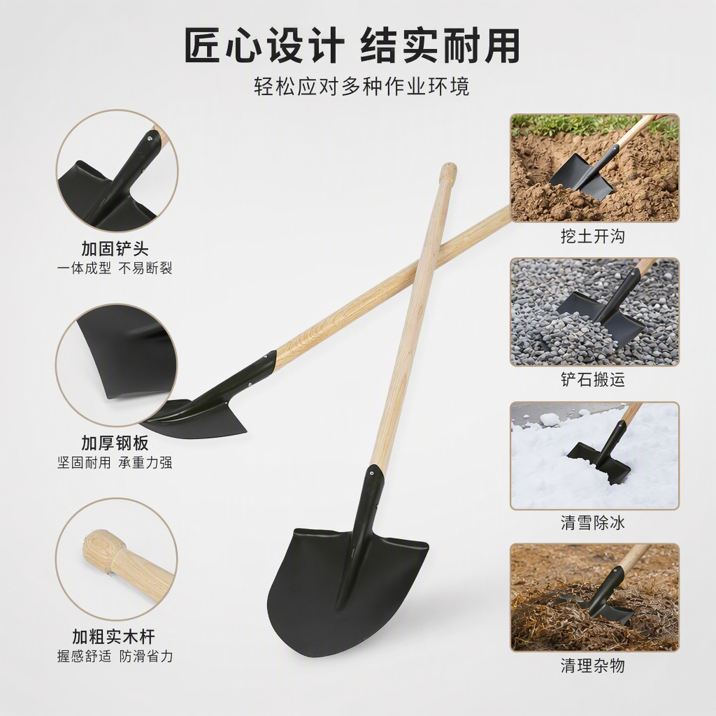 黑色尖铲和平铲套装 园艺铲具不锈钢加厚耐用