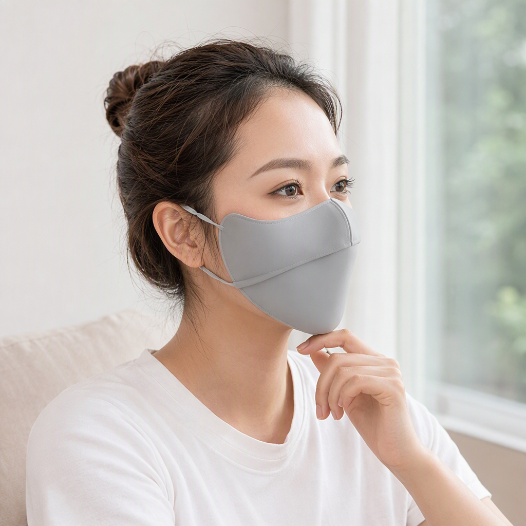 The light grey daily sun protection mask is breathable, comfortable and provides protection details Picture