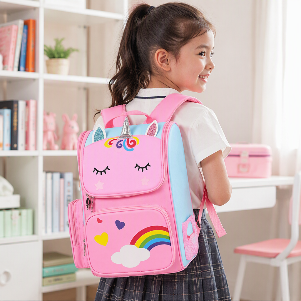 Pink unicorn-shaped children's schoolbag and cute cartoon backpack details Picture