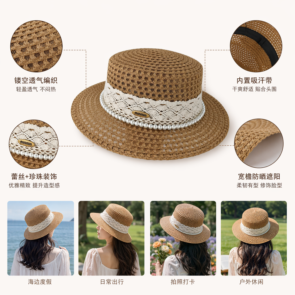 Beige woven straw hat for women, summer sun protection hat, breathable and lightweight vacation hat