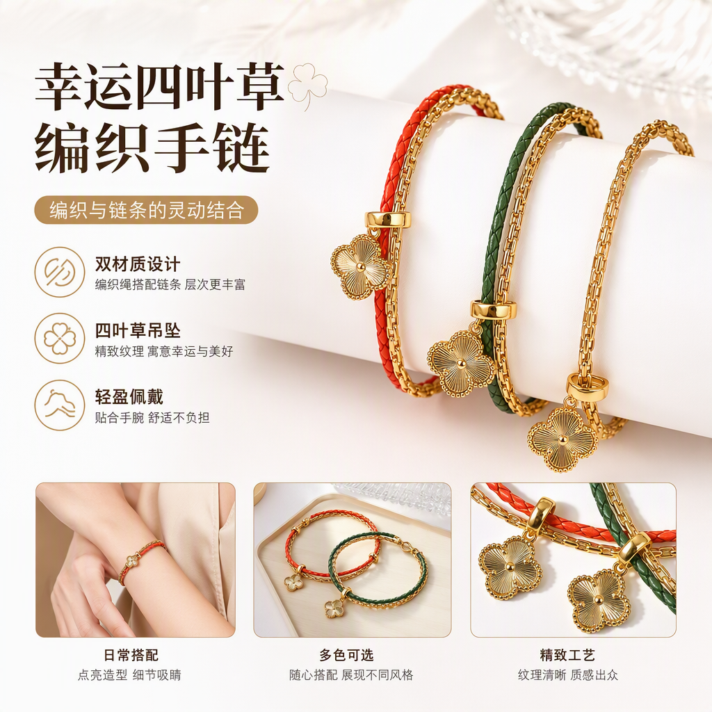 金色四叶草吊坠编织皮绳手链男女通用轻奢小众配饰