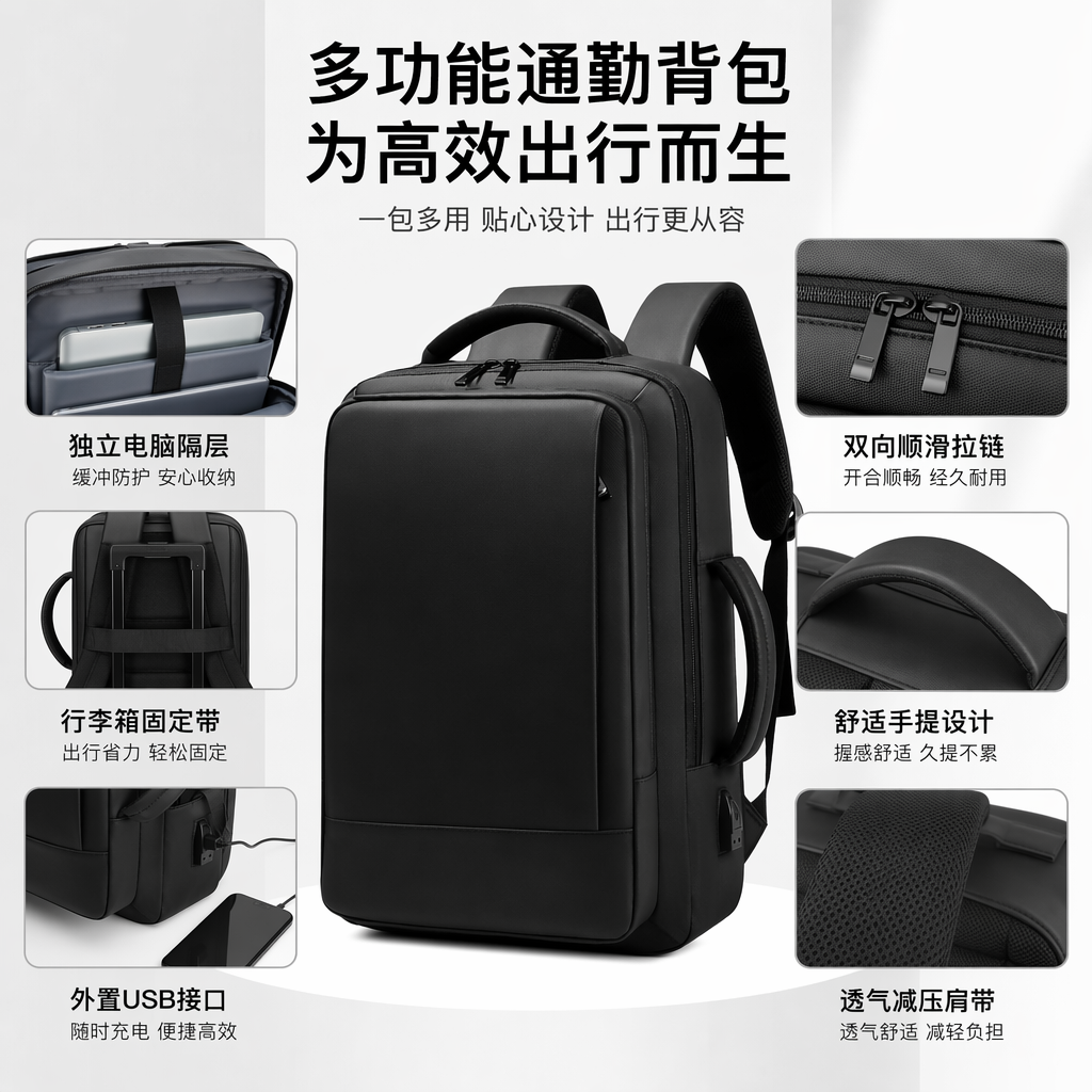 Black simple business casual backpack, suitable for both men and women, lightweight and with large capacity