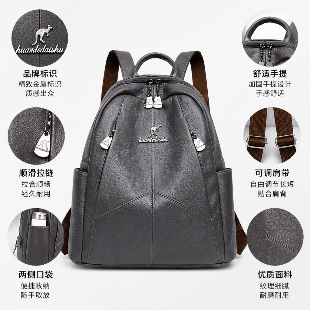 A simple, business-casual, large-capacity, lightweight student commuting backpack made of grey leather