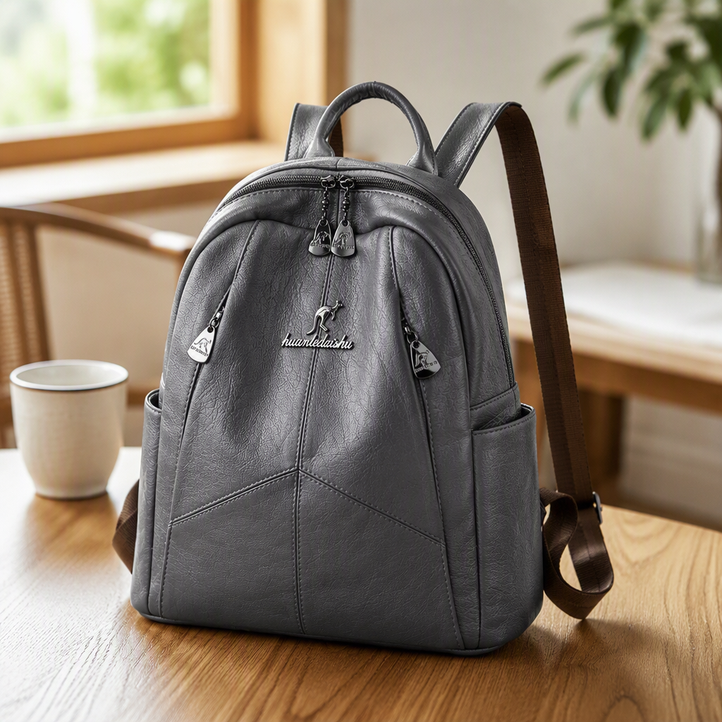 A simple, business-casual, large-capacity, lightweight student commuting backpack made of grey leather details Picture