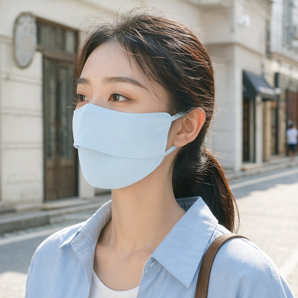 The light blue sun-protective daily mask is breathable, comfortable and provides protection details Picture