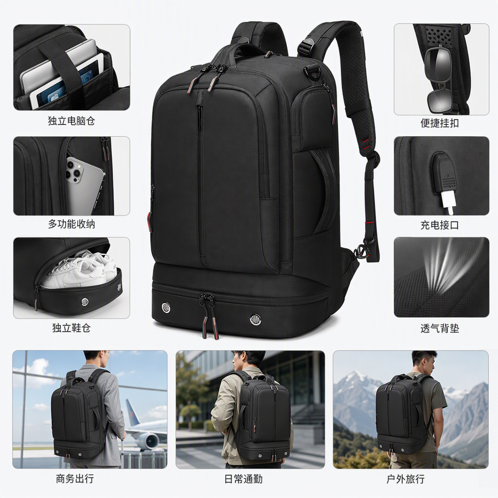 This black backpack is simple, large-capacity, lightweight and durable for student commuting and travel