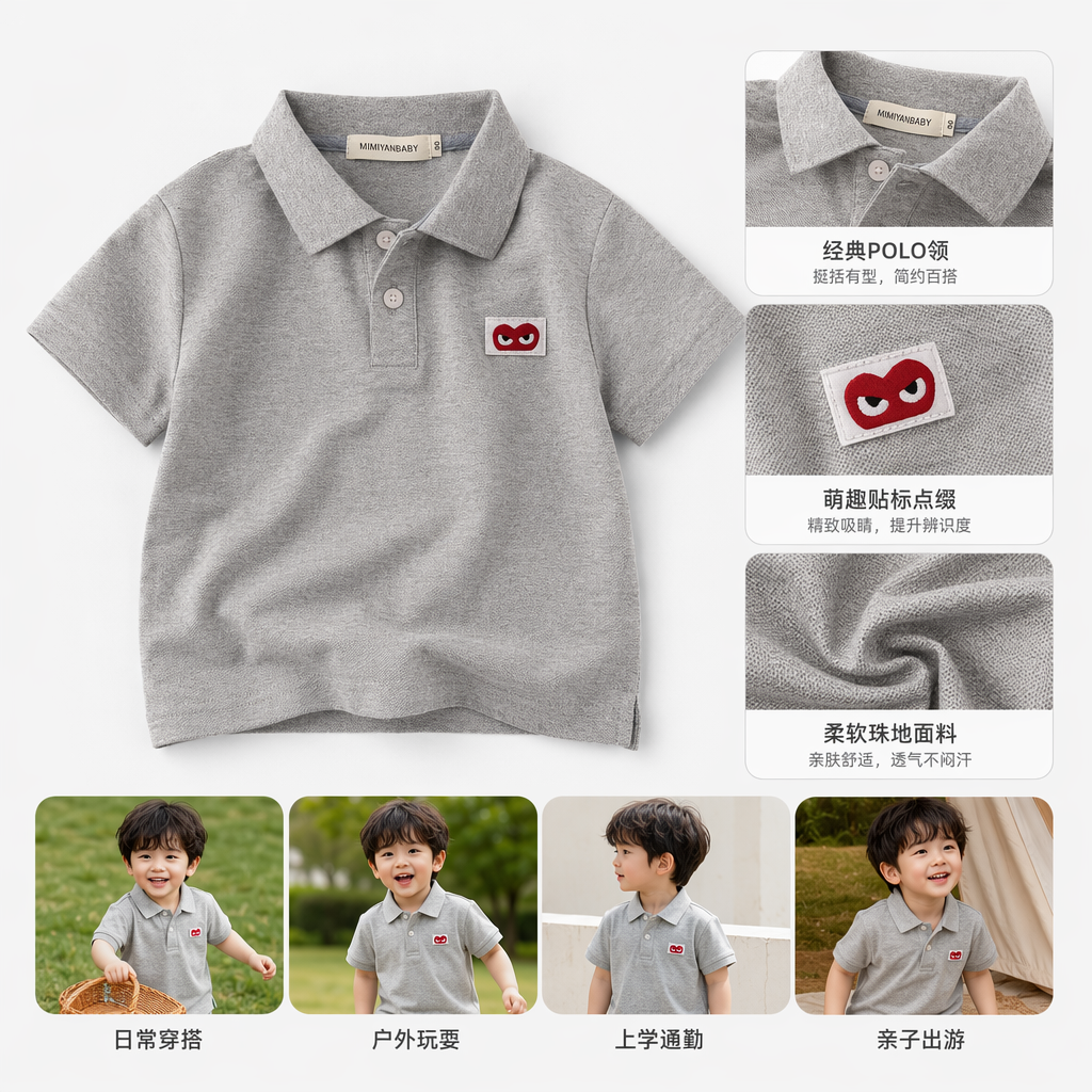 灰色儿童POLO衫胸前红色眼睛图案刺绣