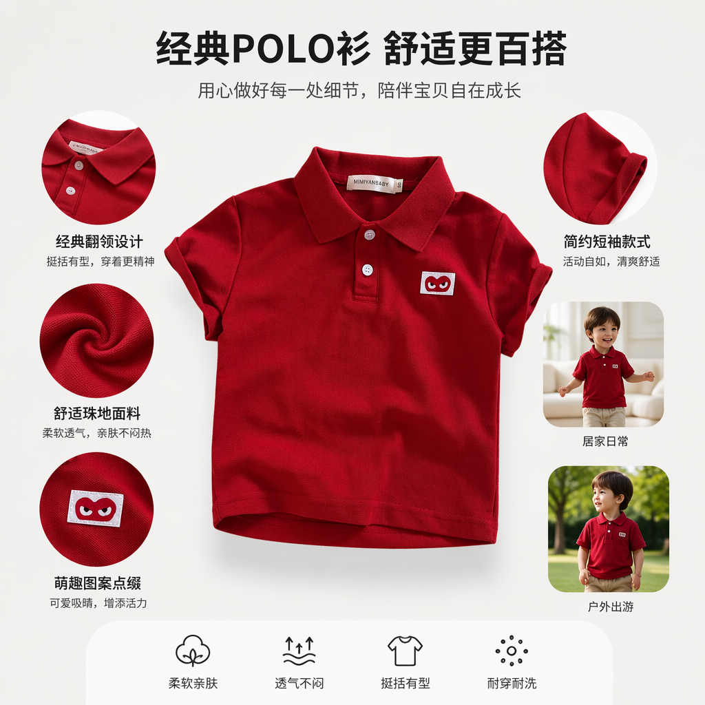 红色儿童Polo衫纯棉短袖男童女童夏季上衣