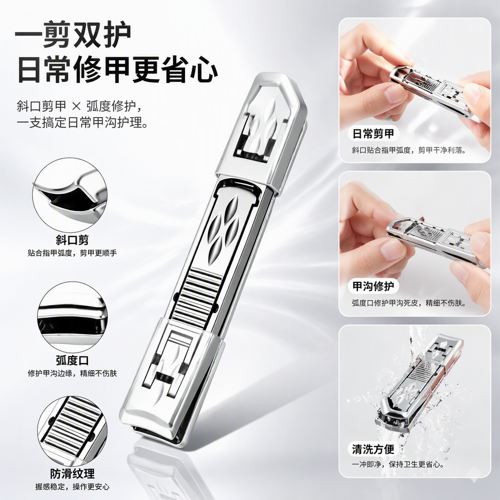 A portable and compact nail care tool set made of stainless steel, specifically designed for nail art Specification image