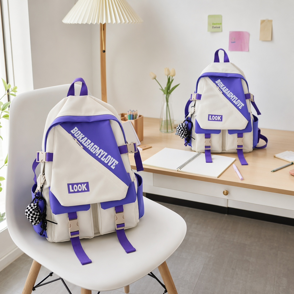 A stylish and casual large-capacity student commuting backpack in white and purple color combination details Picture