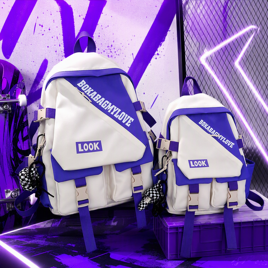A stylish and casual large-capacity student commuting backpack in white and purple color combination Specification image