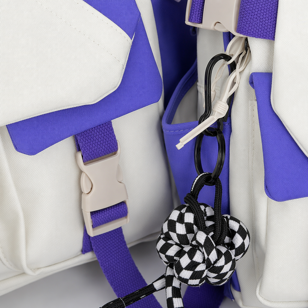 A stylish and casual large-capacity student commuting backpack in white and purple color combination Application Scenario