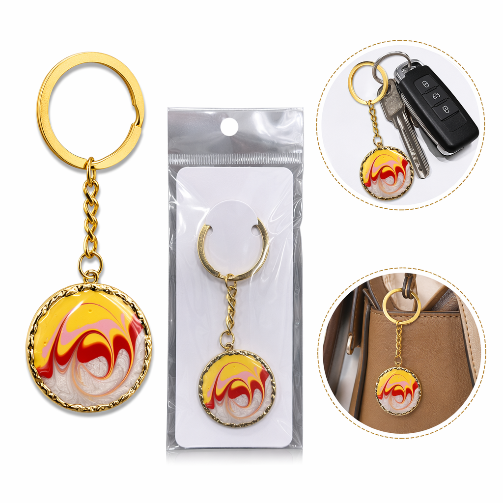 Golden circular fluid art keychain pendant, a fashionable and creative portable accessory