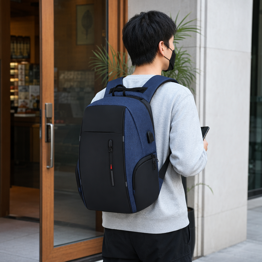 Blue and black patchwork backpack, a fashionable two-color casual large-capacity student commuting bag details Picture