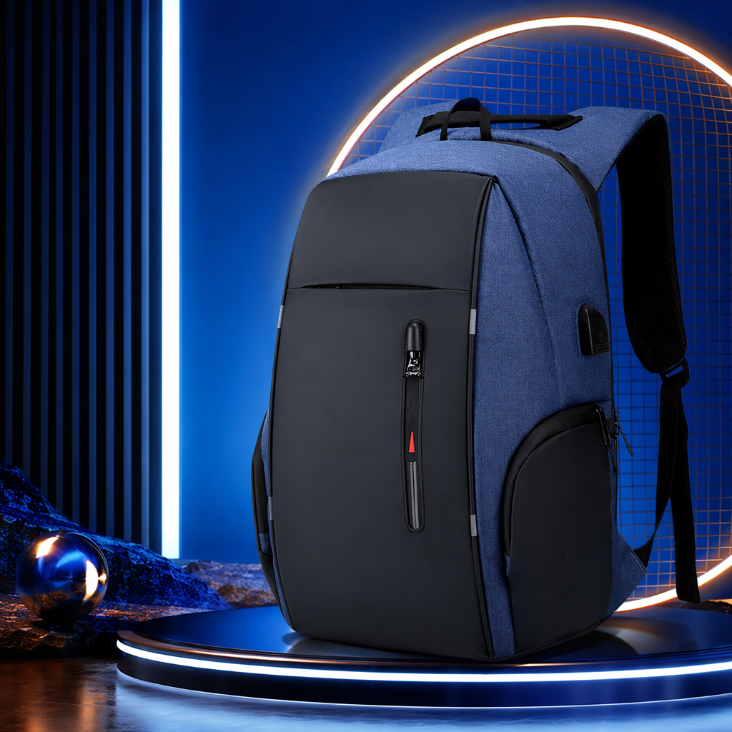Blue and black patchwork backpack, a fashionable two-color casual large-capacity student commuting bag Specification image