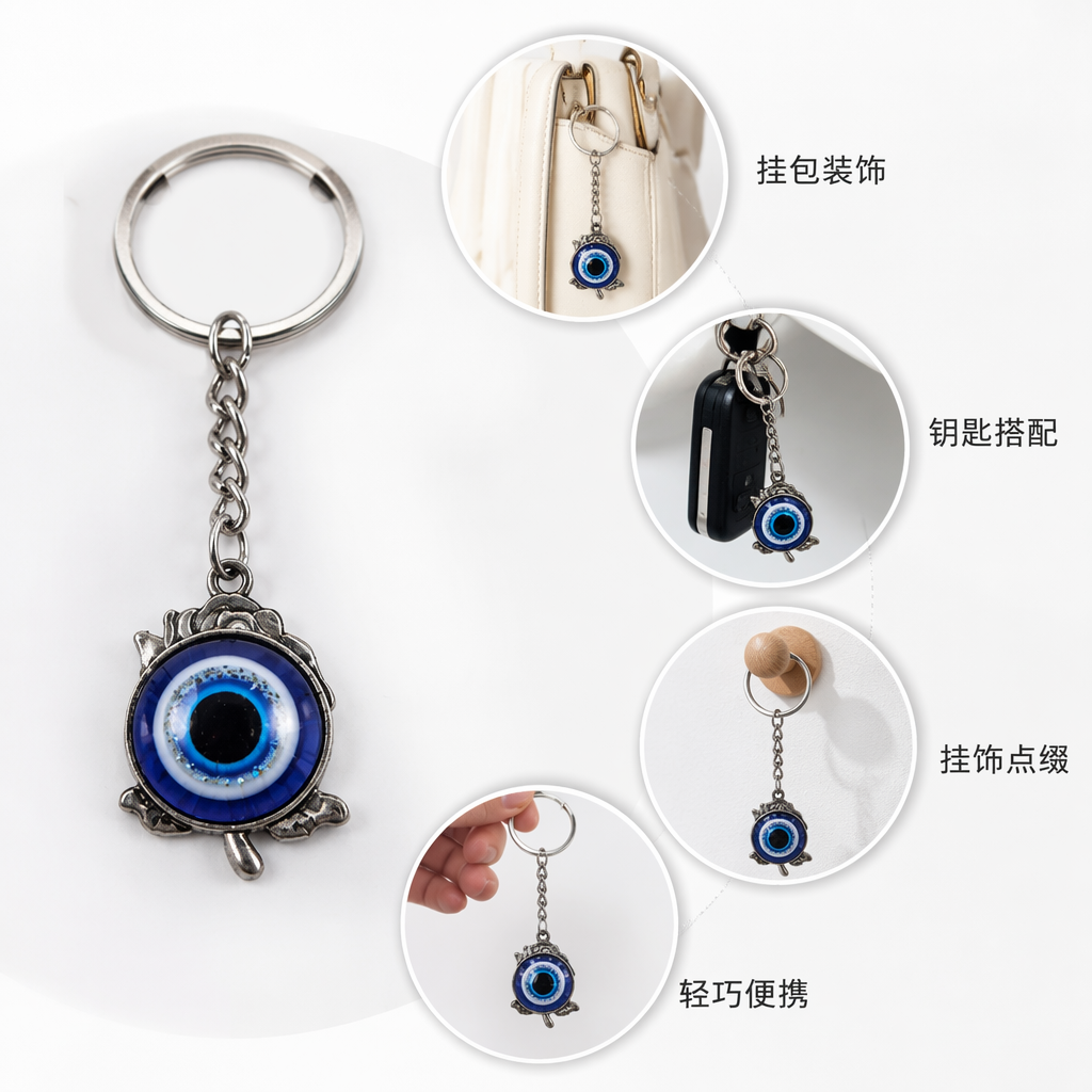 银色钥匙扣配蓝眼饰片时尚个性挂件