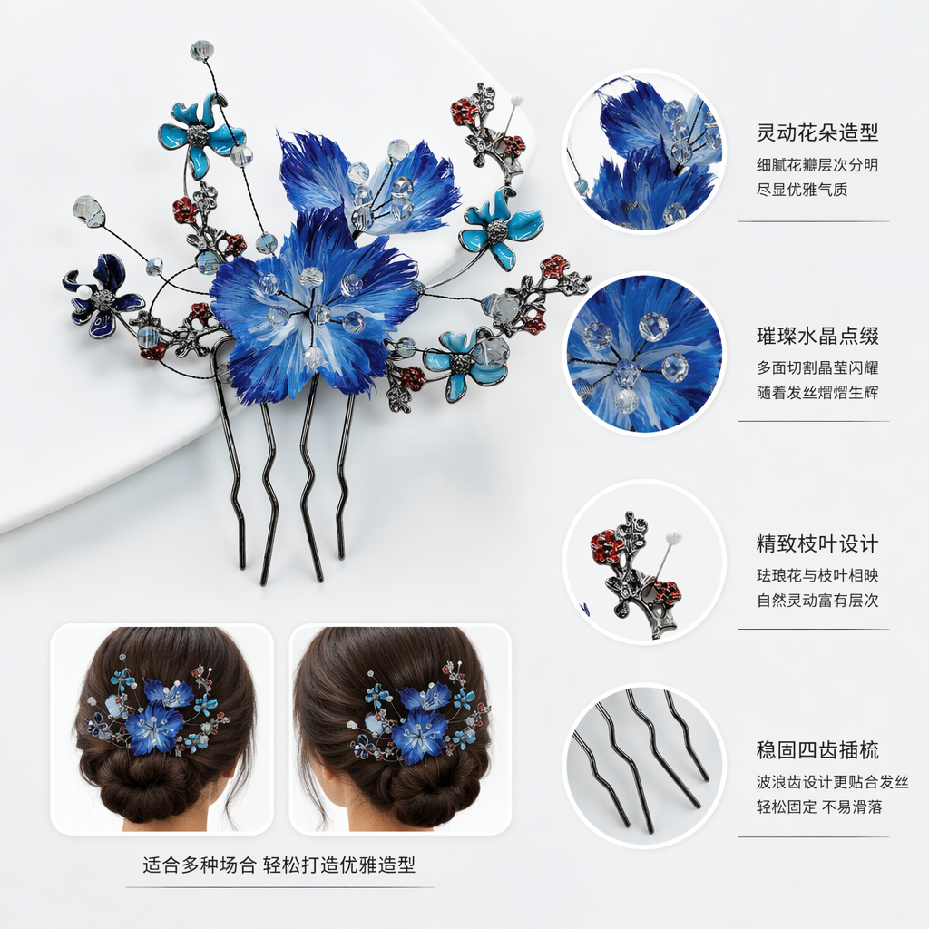 Blue feather flower hairpin, realistic flower headwear, women's ancient-style hair accessory