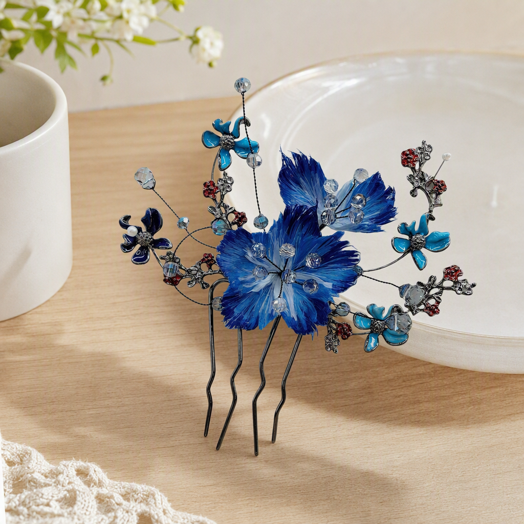 Blue feather flower hairpin, realistic flower headwear, women's ancient-style hair accessory details Picture