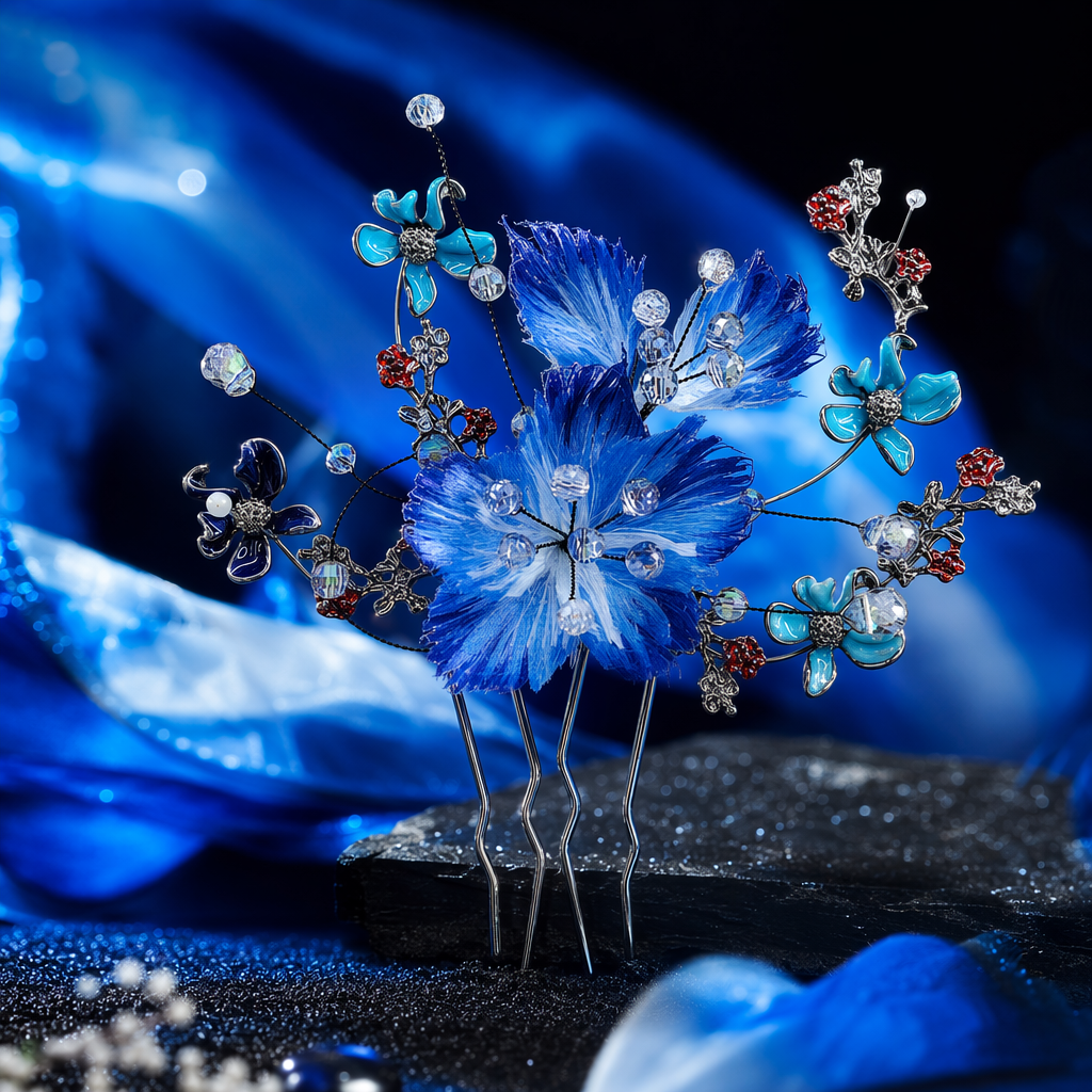 Blue feather flower hairpin, realistic flower headwear, women's ancient-style hair accessory Specification image
