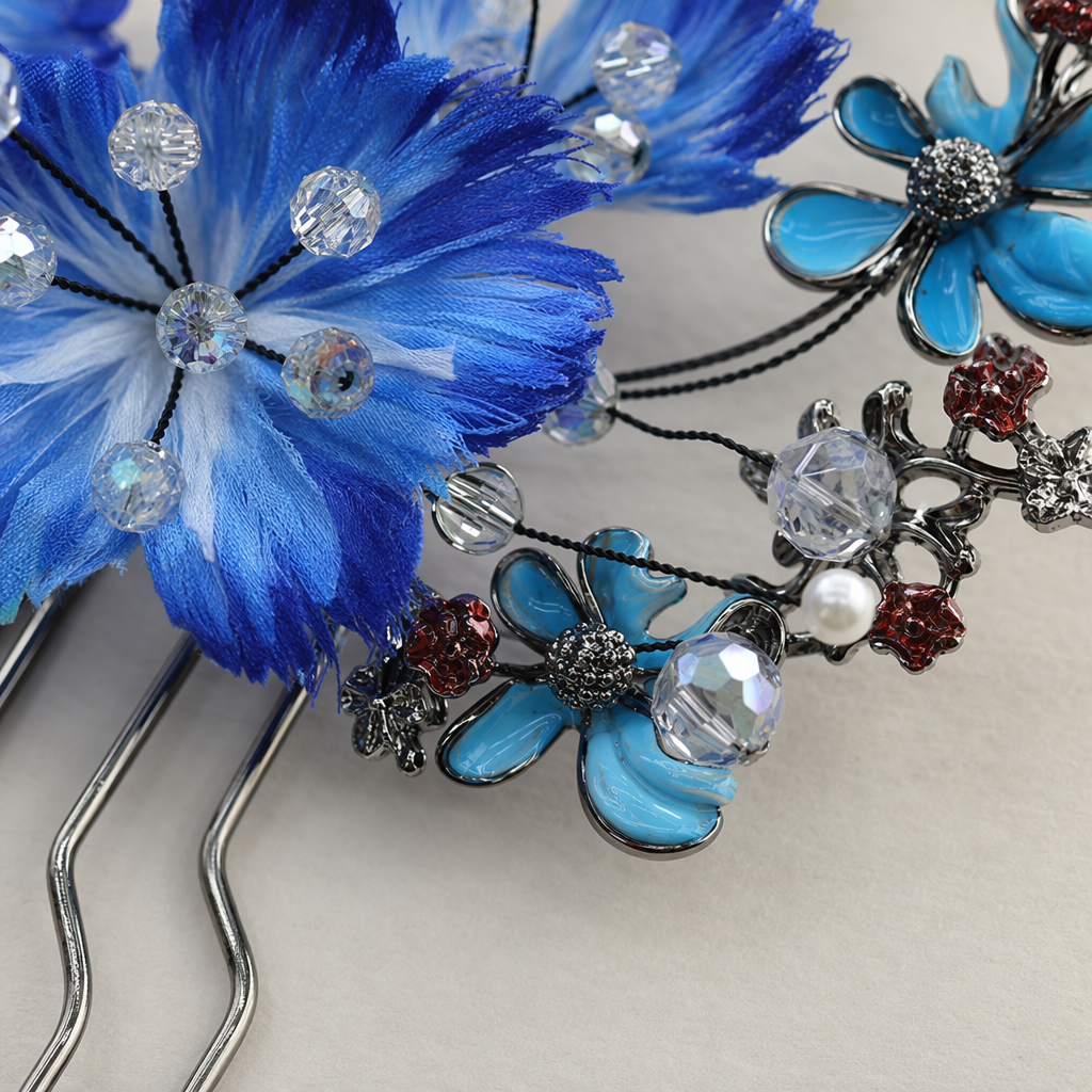 Blue feather flower hairpin, realistic flower headwear, women's ancient-style hair accessory Application Scenario