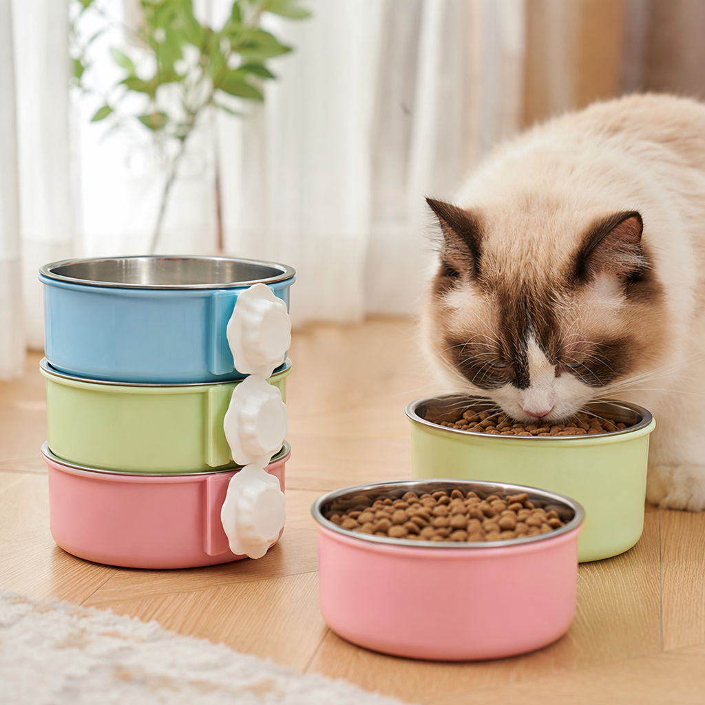 Colorful hanging dog bowl pet feeder with adjustable height silicone anti-slip base details Picture