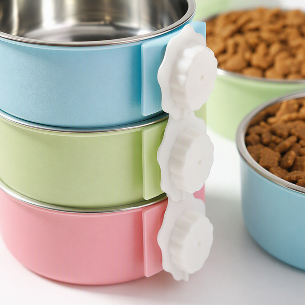 Colorful hanging dog bowl pet feeder with adjustable height silicone anti-slip base Application Scenario