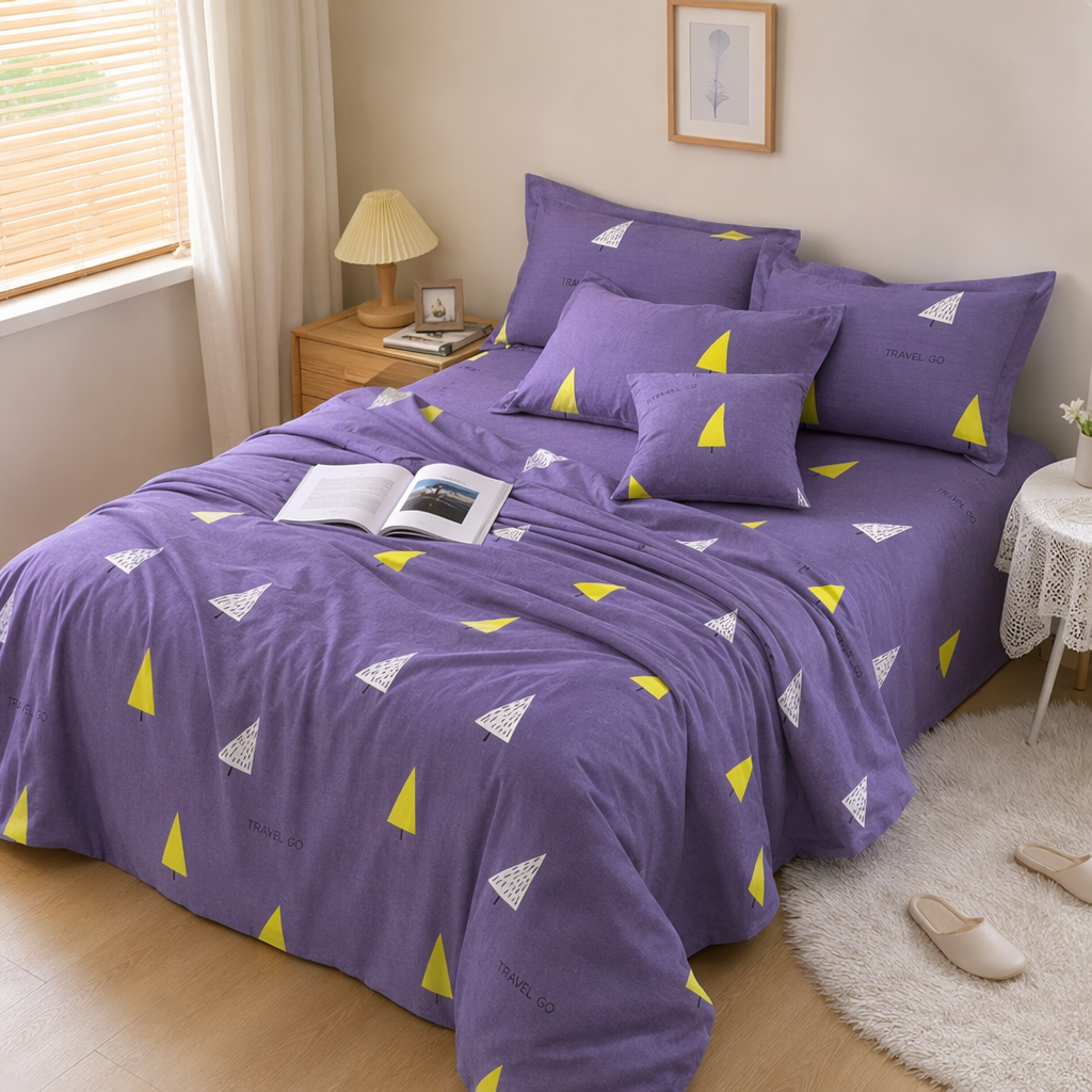Purple tree-shaped pattern bedding set, pure cotton solid color simple style four-piece set details Picture