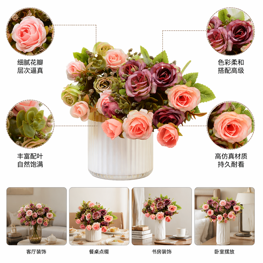 Pink and purplish red artificial rose bouquets, artificial everlasting flower wedding decoration ornaments