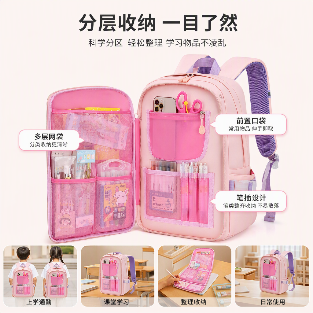 The pink backpack is lightweight, has a large capacity, and is suitable for student commuting and travel. It is casual, fashionable and simple