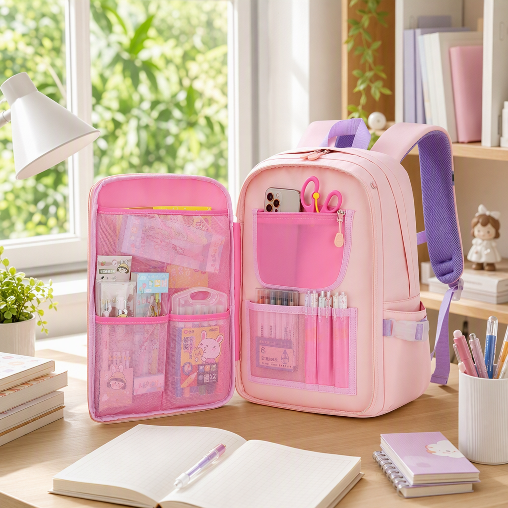 The pink backpack is lightweight, has a large capacity, and is suitable for student commuting and travel. It is casual, fashionable and simple details Picture