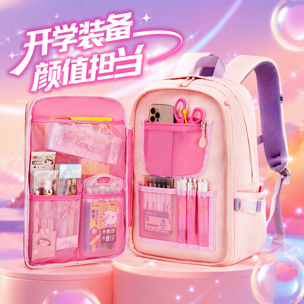 The pink backpack is lightweight, has a large capacity, and is suitable for student commuting and travel. It is casual, fashionable and simple Specification image