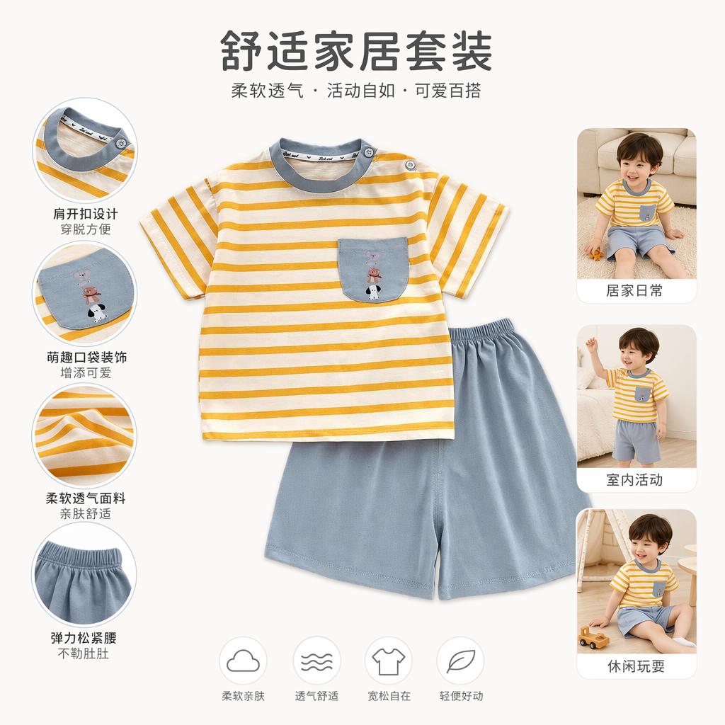 黄白条纹短袖上衣配浅蓝短裤男童夏季套装