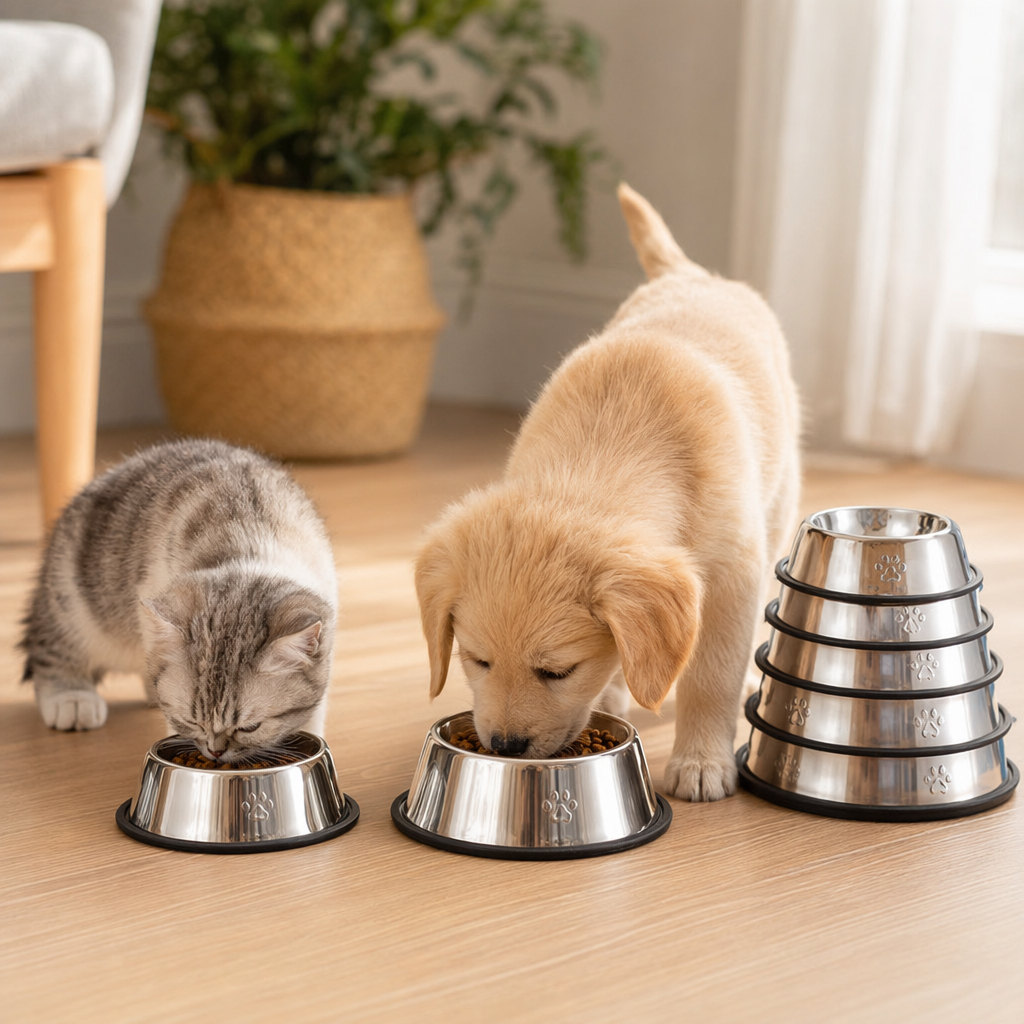Stainless steel pet food bowls for cats and dogs, anti-slip and thickened double bowl set details Picture