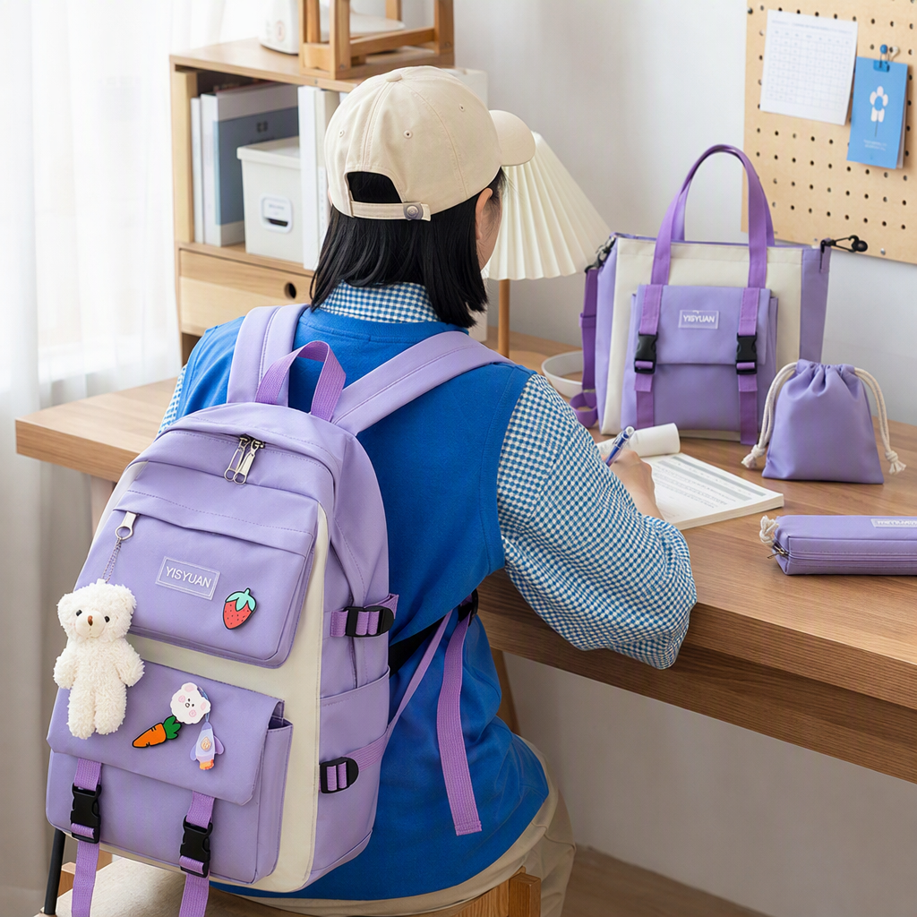 A purple backpack set for women, a fashionable and versatile commuter casual backpack with a small bag details Picture