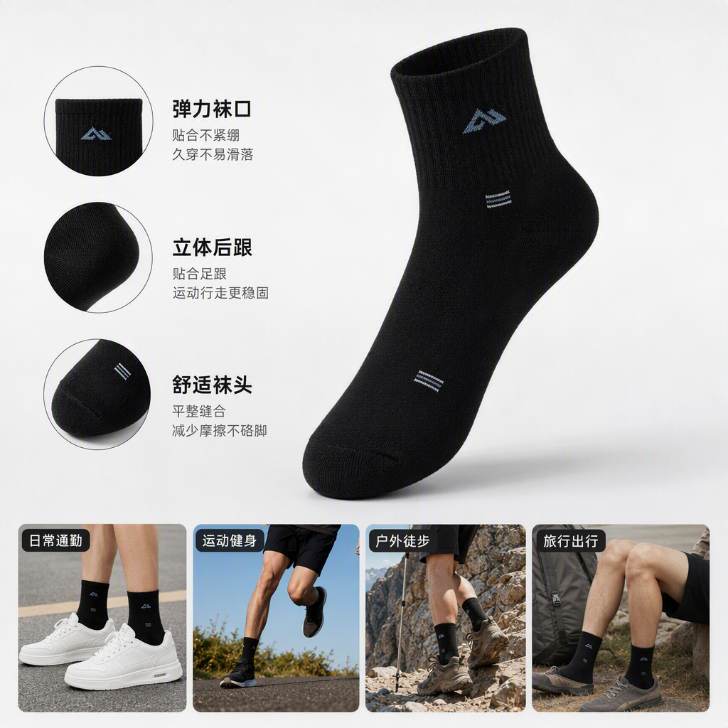 Black pure cotton short socks for both men and women, sweat-absorbing and breathable sports and casual wear