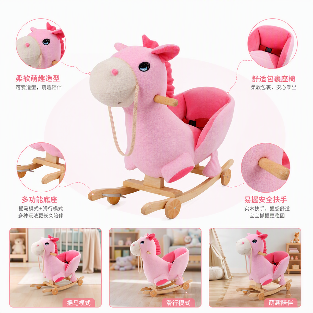 Pink rocking horse children's educational toy, safe and environmentally friendly, baby early education mount