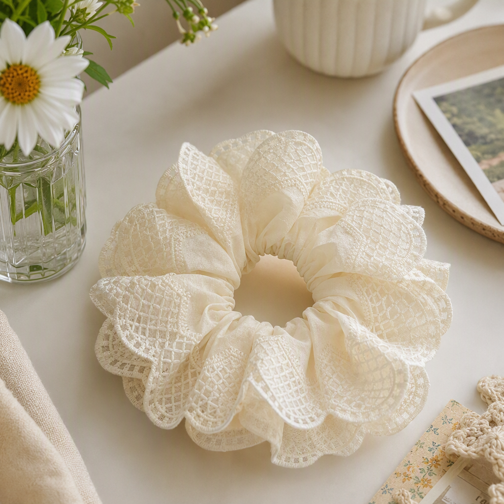 The off-white lace hair tie is a high-elasticity, non-damaging, soft and breathable hair accessory for women details Picture