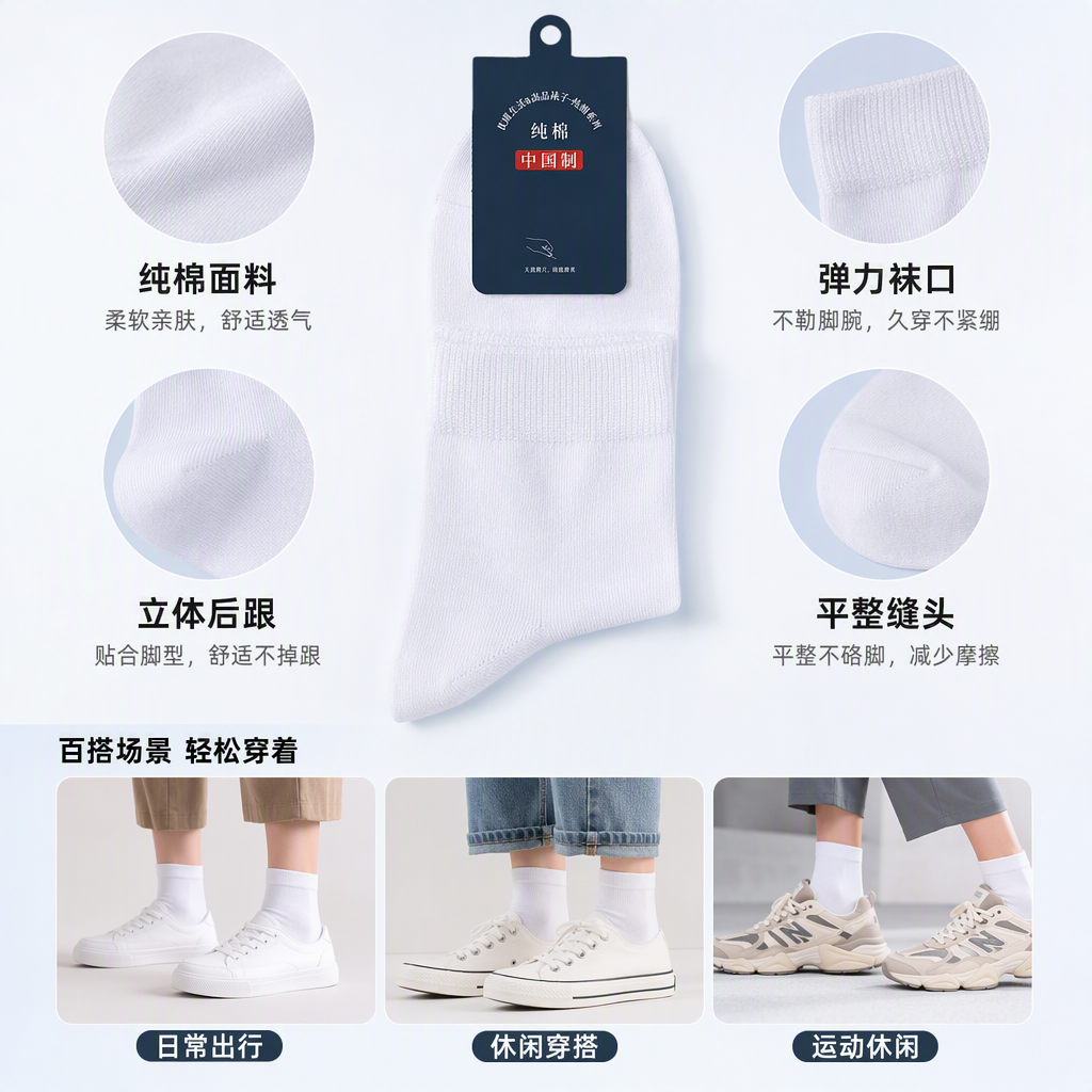 Pure cotton white mid-calf socks for both men and women are basic, versatile, comfortable and breathable