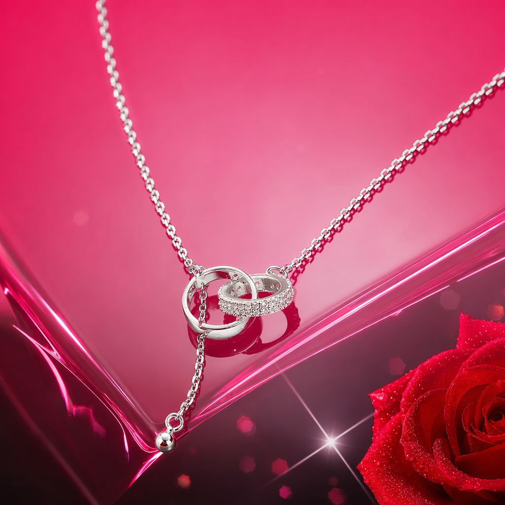 Collar colgante de plata con doble aro incrustado de diamantes con cola de cadena de bola pequeña Specification image