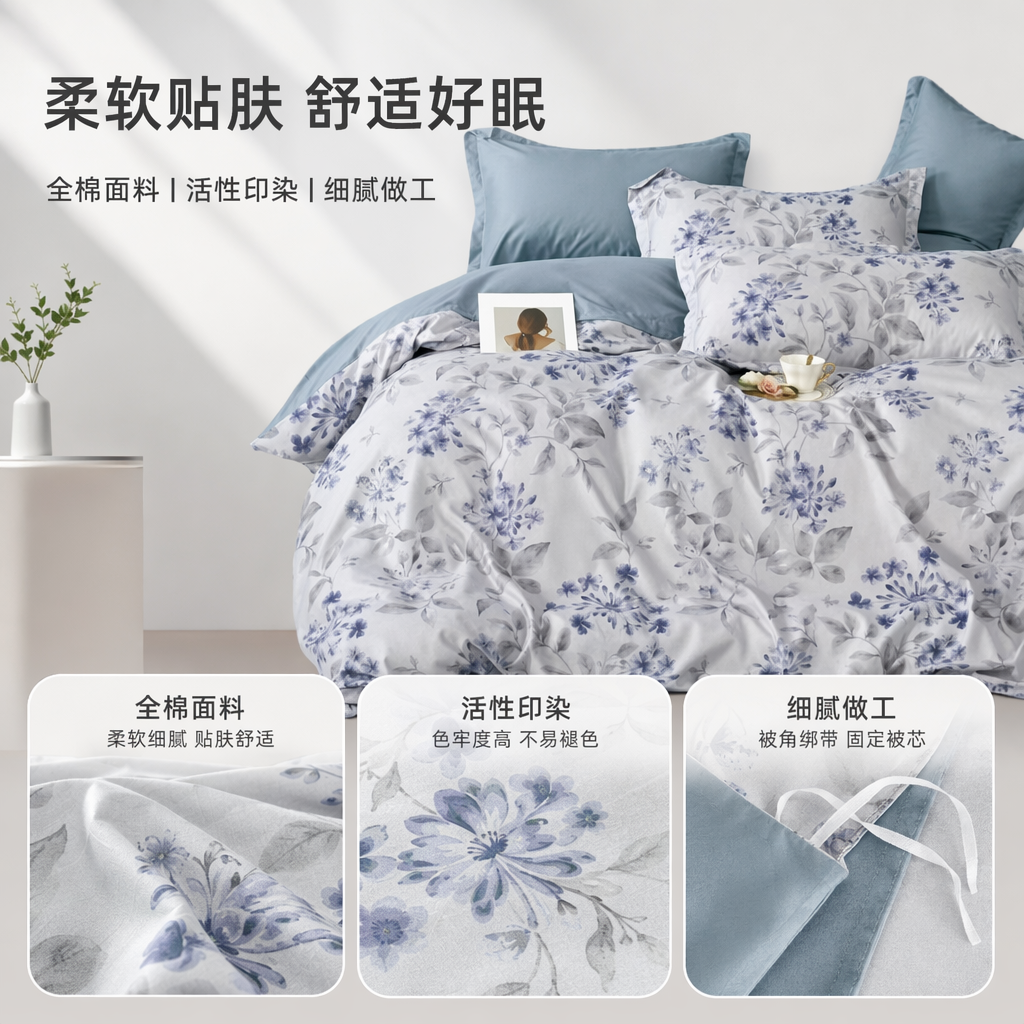 Blue and white floral bedding set of four pieces, pure cotton, skin-friendly and simple style