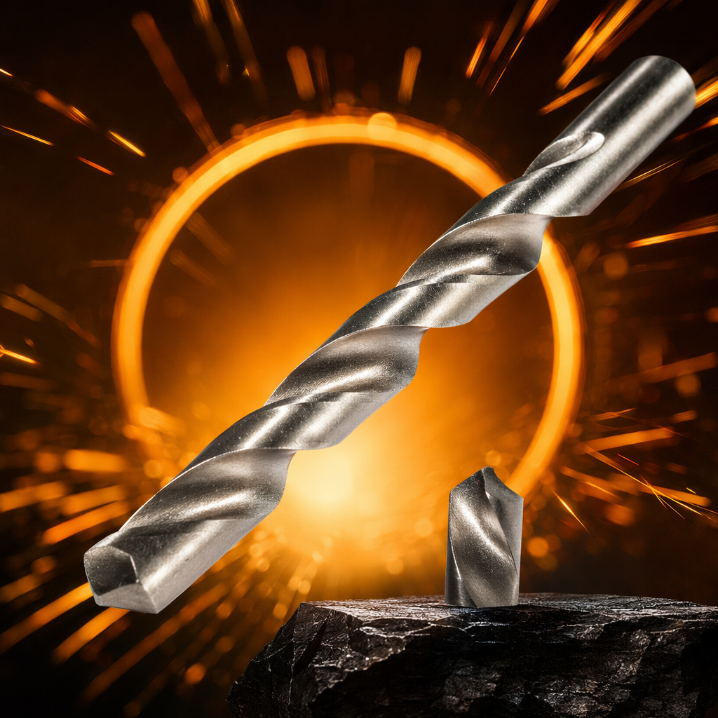 Silver drill bit metal drilling tool, made of high-speed steel with spiral blade design Specification image
