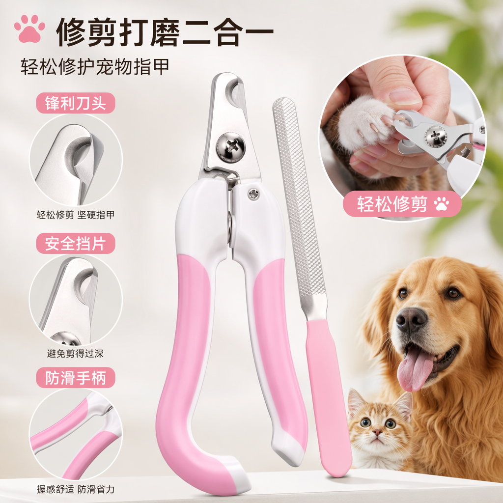 Pink and blue pet nail clipper set, pet grooming and trimming tools, suitable for cats and dogs
