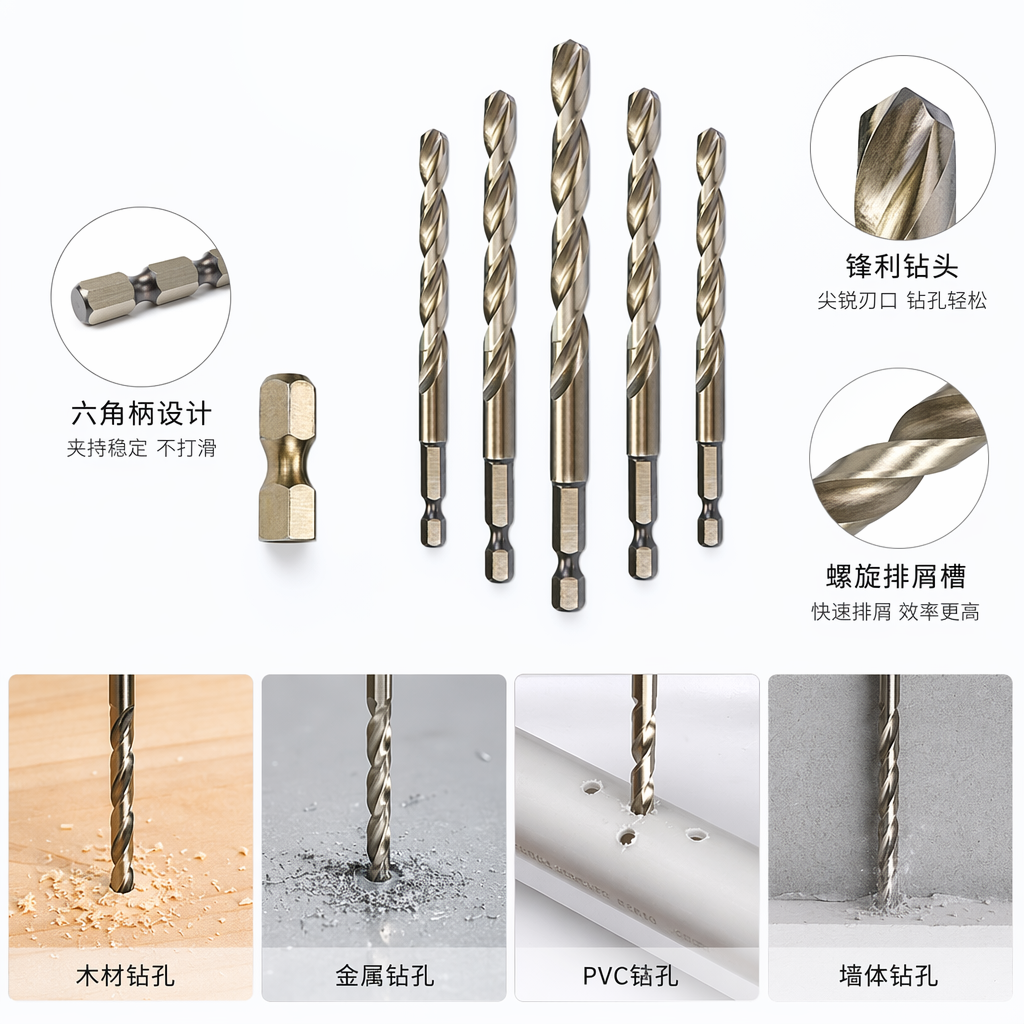 Golden hexagonal handle twist drill, a high-hardness and wear-resistant drill bit specially designed for metal processing