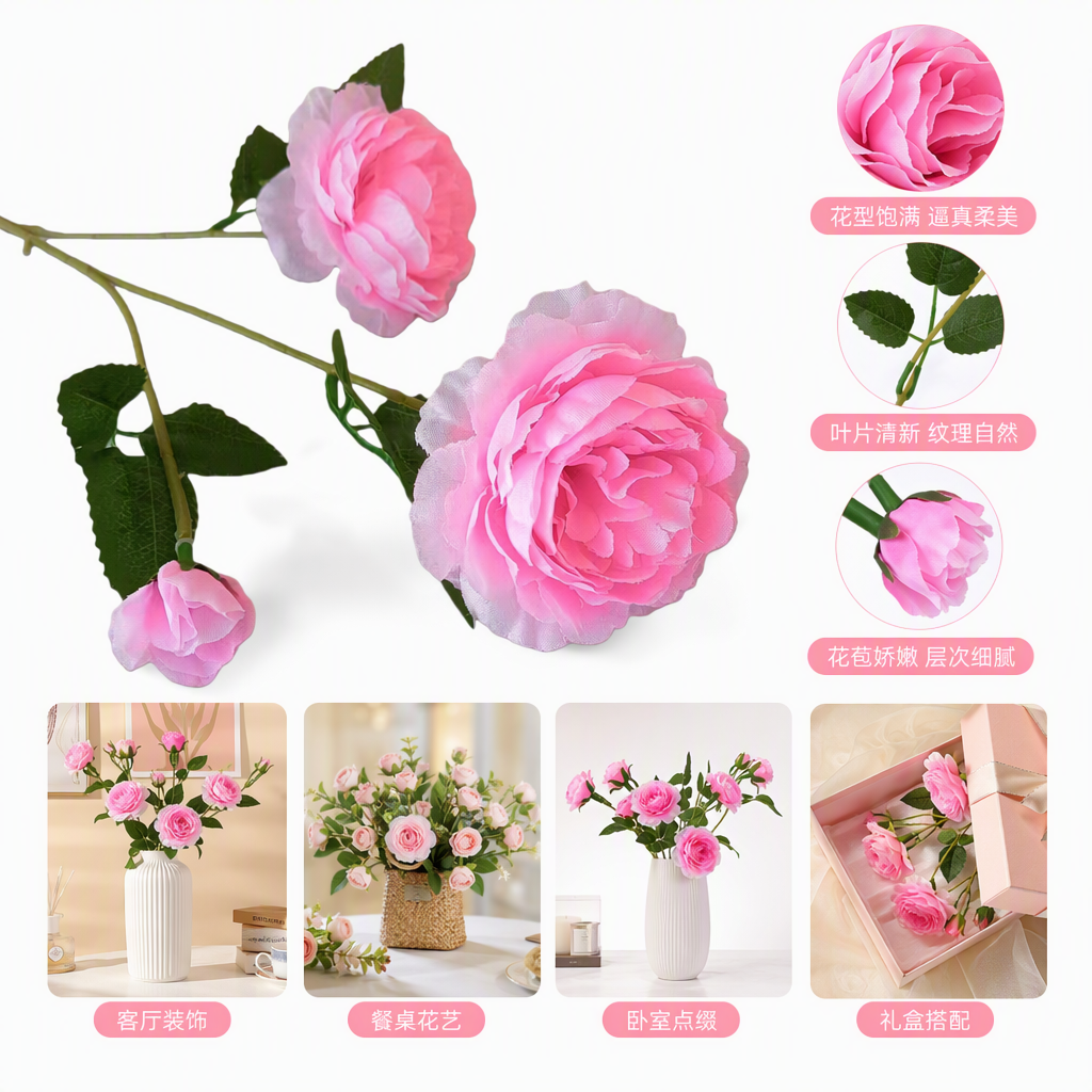 A set of 10 fresh cut pink rose branches for home flower arrangement decoration