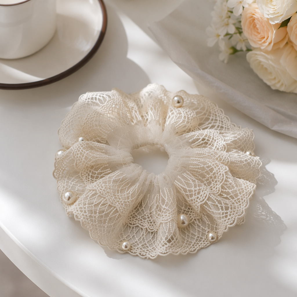 A beige lace pearl hair band is a high school girls' elastic hair accessory that won't damage your hair details Picture