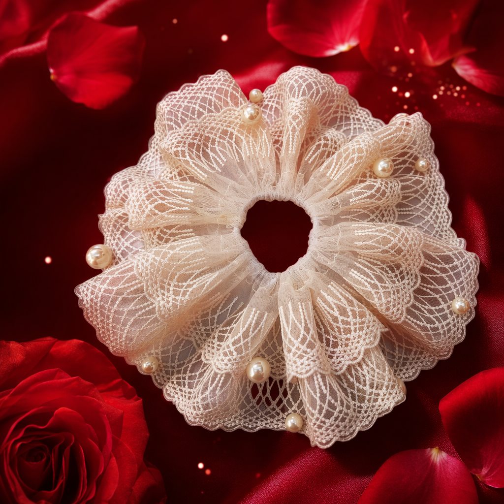 A beige lace pearl hair band is a high school girls' elastic hair accessory that won't damage your hair Specification image