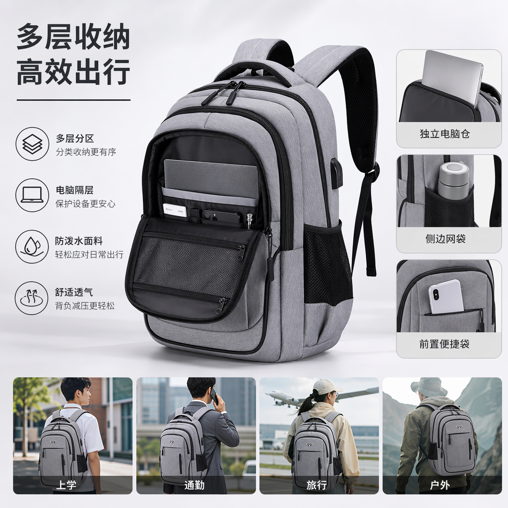 The grey backpack made of nylon for commuting to school is lightweight, durable and has adjustable shoulder straps