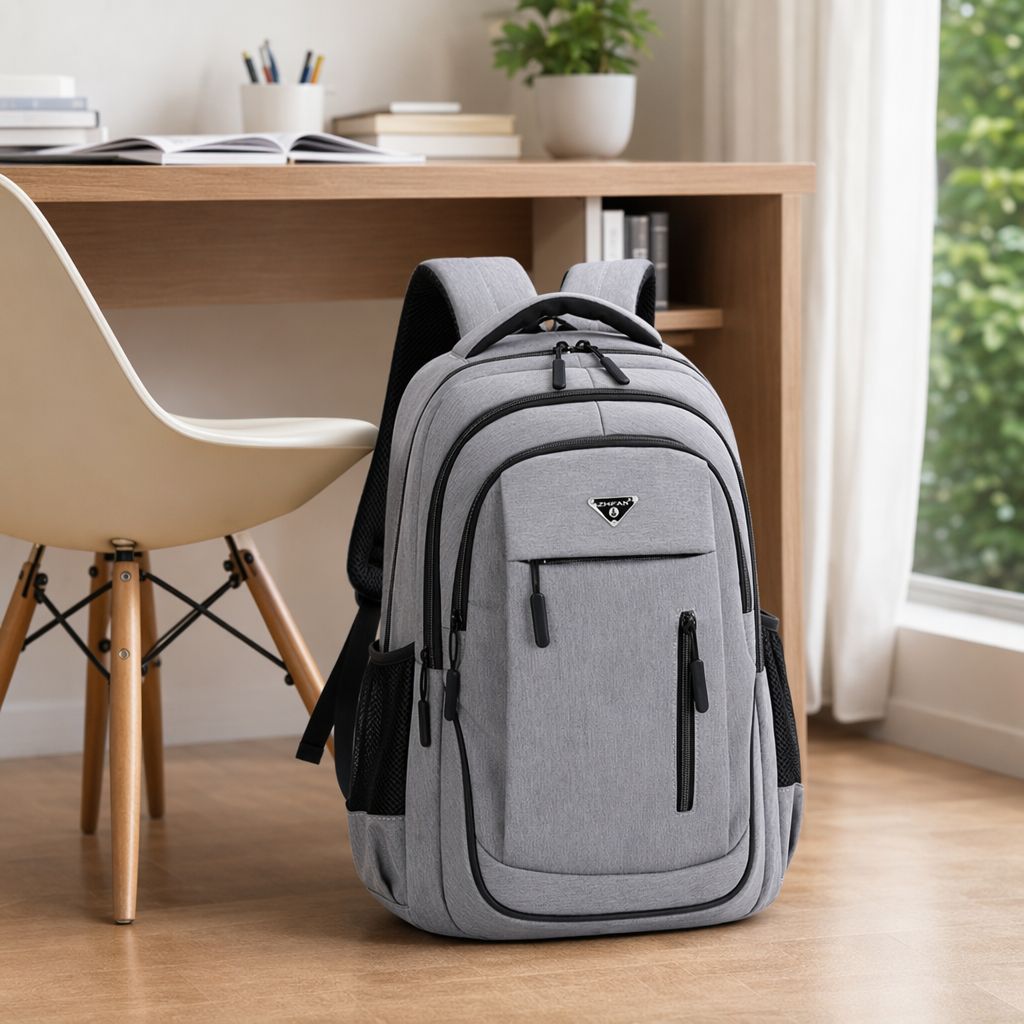 The grey backpack made of nylon for commuting to school is lightweight, durable and has adjustable shoulder straps details Picture