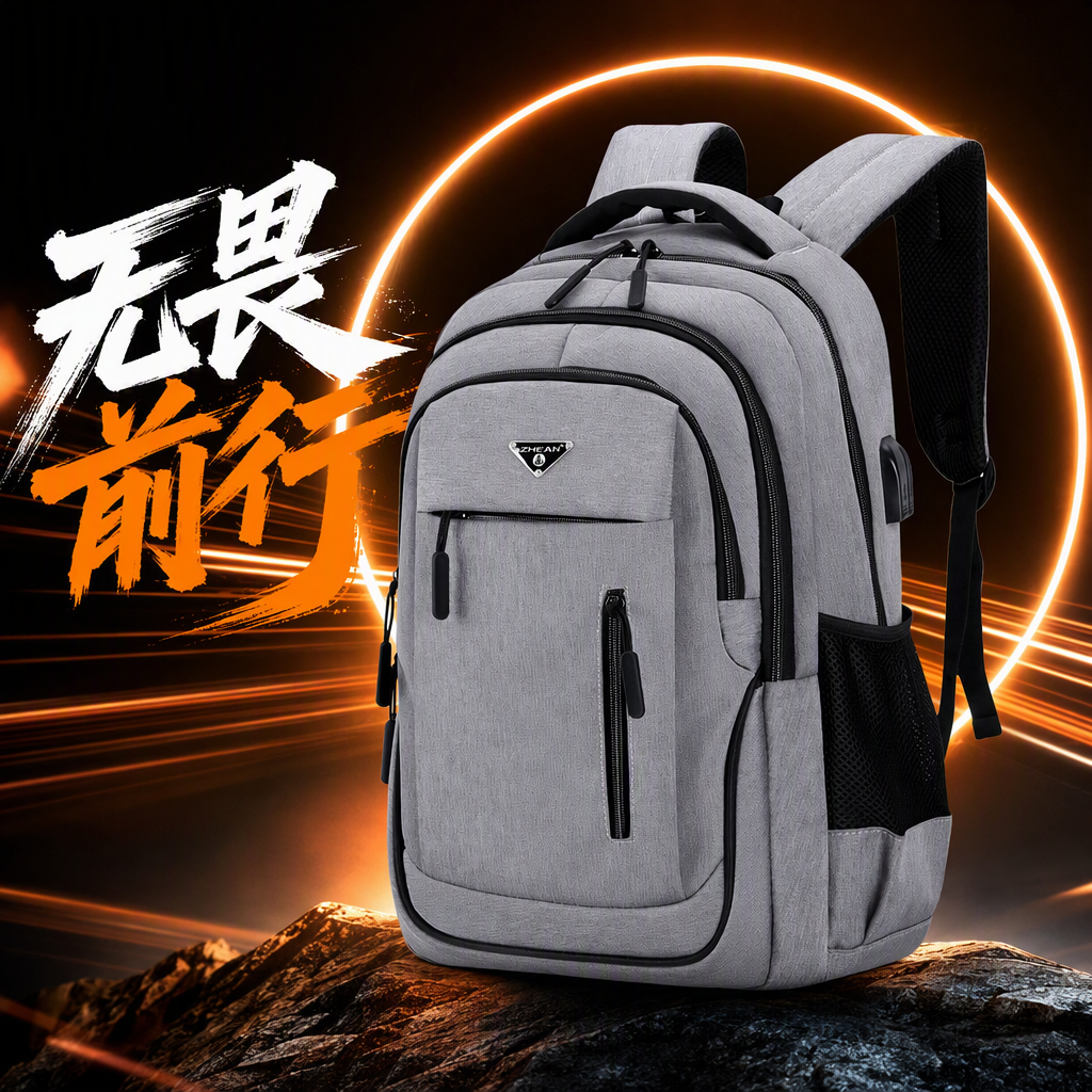 The grey backpack made of nylon for commuting to school is lightweight, durable and has adjustable shoulder straps Specification image