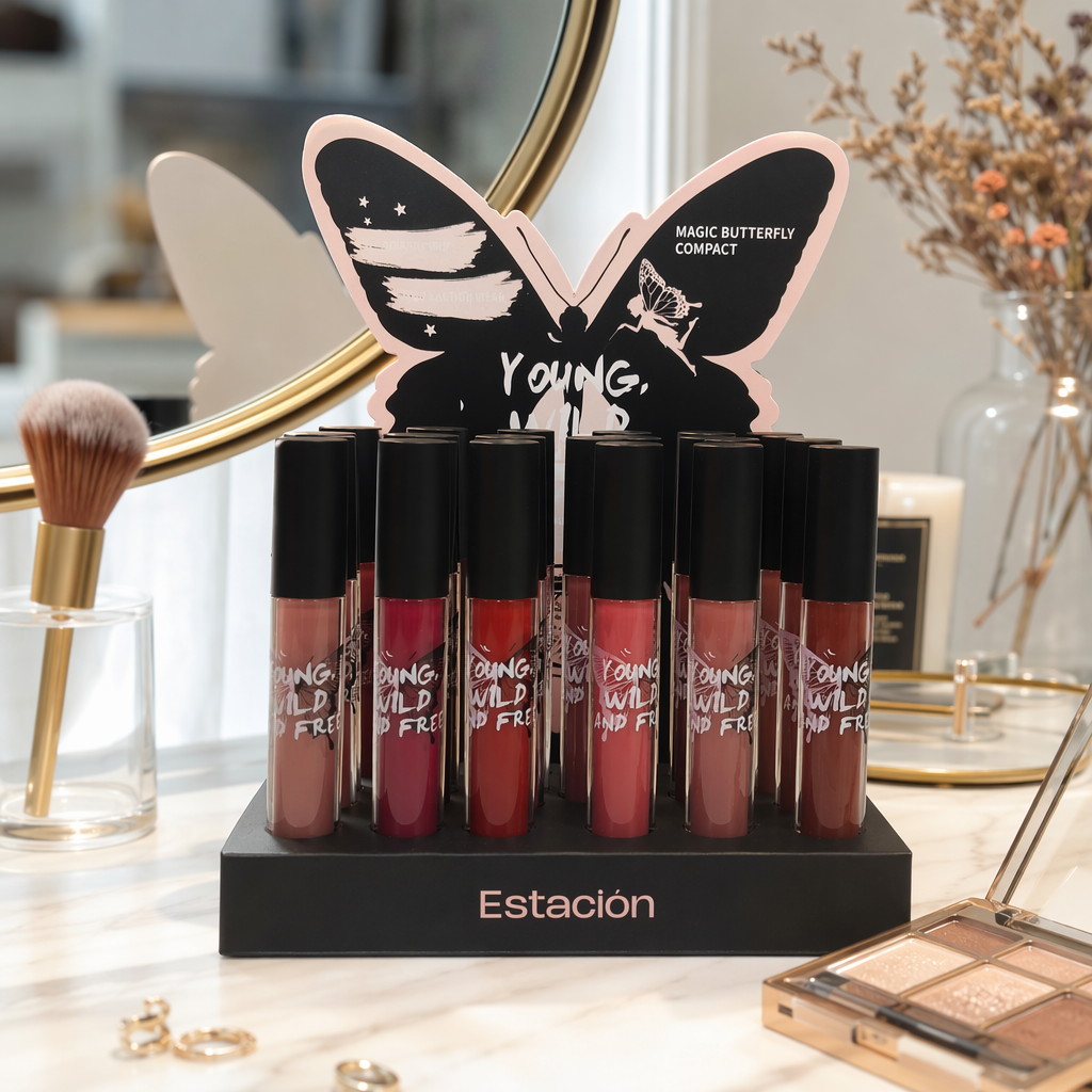Estacion Magic Butterfly Lip Glaze Gift Box Black Display stand showcases butterfly patterns YOUNG WILD AND FREE details Picture